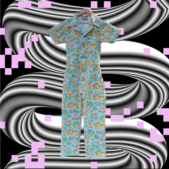 Big Bud Press Bright Floral Cotton Jumpsuit in Aqua Yellow & Orange